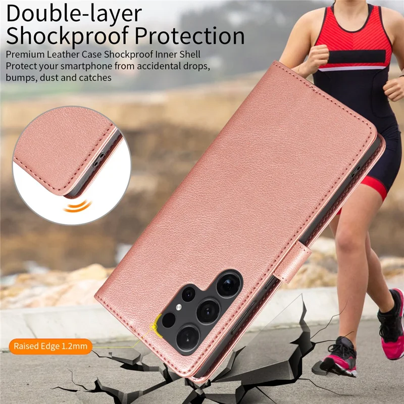 For Samsung Galaxy S23 Ultra Leather Case Litchi Texture RFID Blocking Wallet Stand Phone Cover - Rose Gold