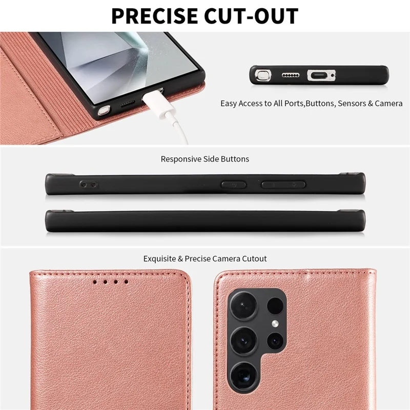 For Samsung Galaxy S23 Ultra Leather Case Litchi Texture RFID Blocking Wallet Stand Phone Cover - Rose Gold