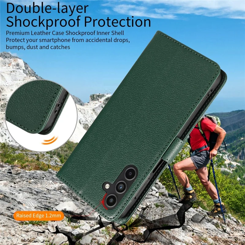 For Samsung Galaxy A55 5G Leather Case Litchi Texture RFID Blocking Wallet Stand Phone Cover - Green