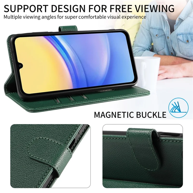 For Samsung Galaxy A55 5G Leather Case Litchi Texture RFID Blocking Wallet Stand Phone Cover - Green