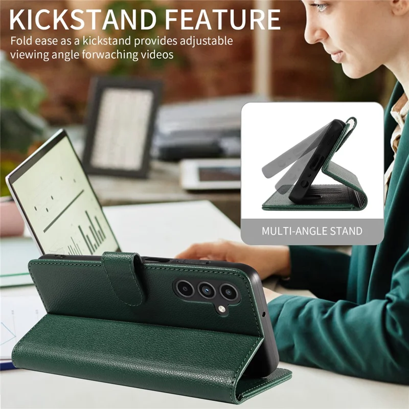 For Samsung Galaxy A55 5G Leather Case Litchi Texture RFID Blocking Wallet Stand Phone Cover - Green