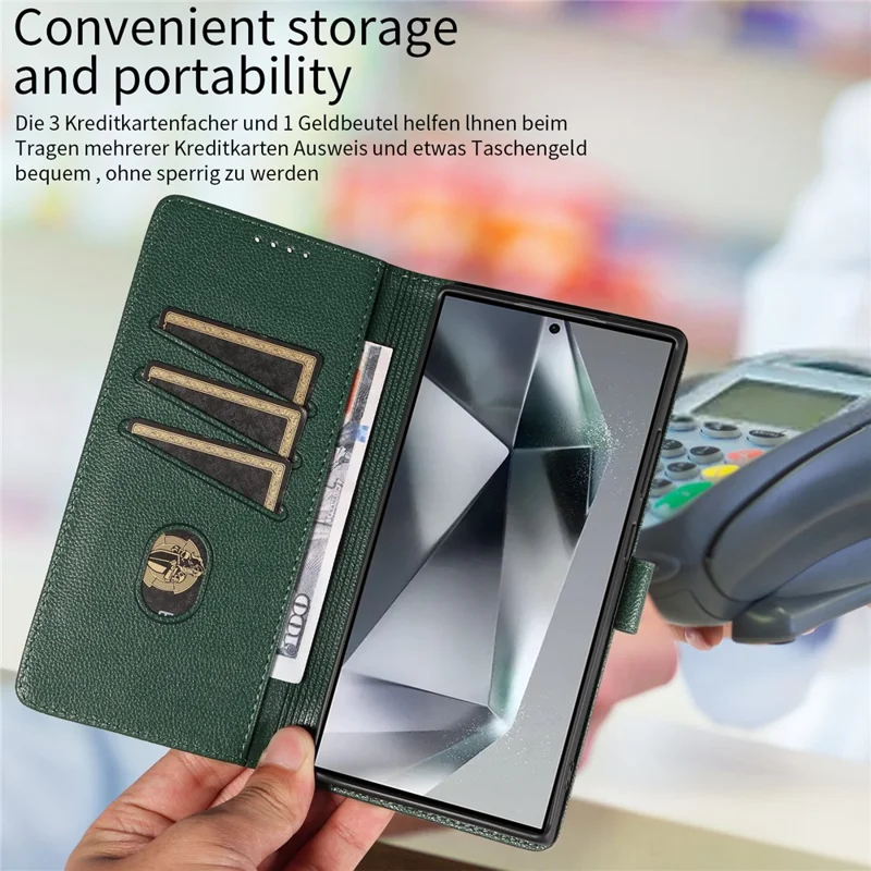 For Samsung Galaxy S24 Ultra Leather Case Litchi Texture RFID Blocking Wallet Stand Phone Cover - Green