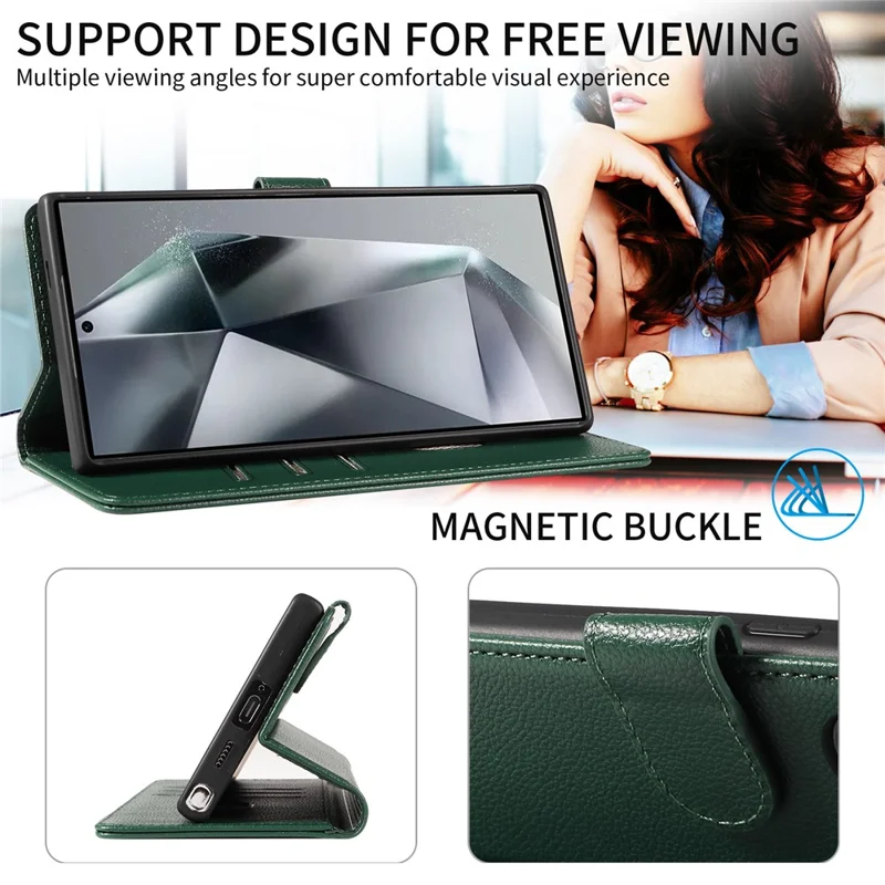 For Samsung Galaxy S24 Ultra Leather Case Litchi Texture RFID Blocking Wallet Stand Phone Cover - Green