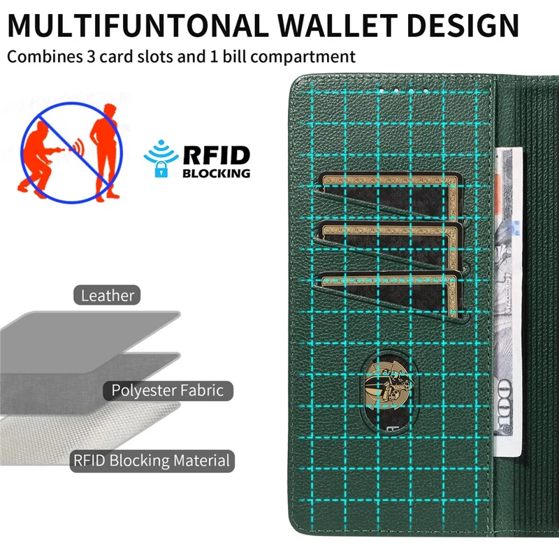 For Samsung Galaxy S24 Ultra Leather Case Litchi Texture RFID Blocking Wallet Stand Phone Cover - Green