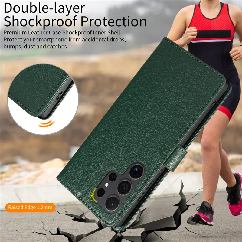 For Samsung Galaxy S24 Ultra Leather Case Litchi Texture RFID Blocking Wallet Stand Phone Cover - Green