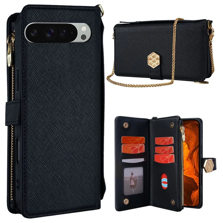 Custodia per Google Pixel 9 Pro XL, texture a croce in pelle PU + TPU, cover wallet per telefono con cinturino - Nero
