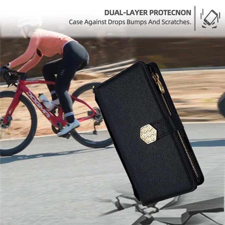 Custodia per Google Pixel 9 Pro XL, texture a croce in pelle PU + TPU, cover wallet per telefono con cinturino - Nero