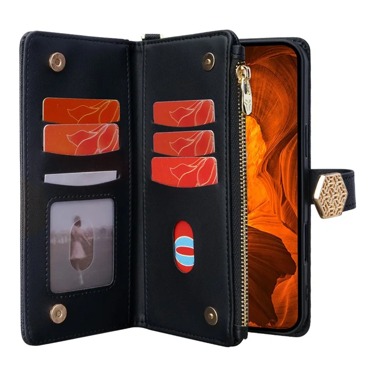 Custodia per Google Pixel 9 Pro XL, texture a croce in pelle PU + TPU, cover wallet per telefono con cinturino - Nero