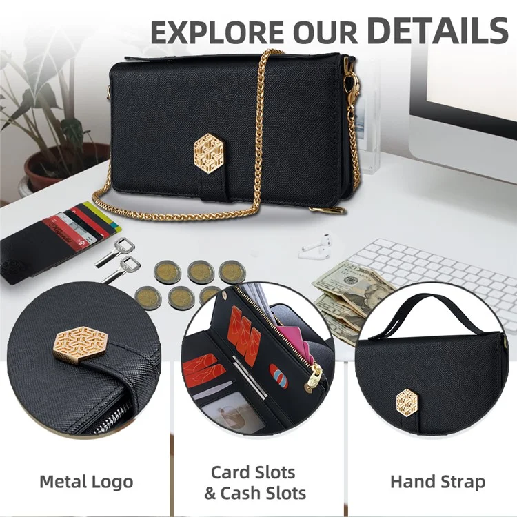 Custodia per Google Pixel 9 Pro XL, texture a croce in pelle PU + TPU, cover wallet per telefono con cinturino - Nero