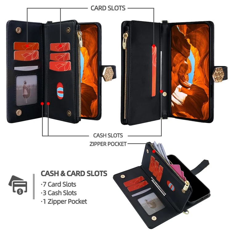Custodia per Google Pixel 9 Pro XL, texture a croce in pelle PU + TPU, cover wallet per telefono con cinturino - Nero