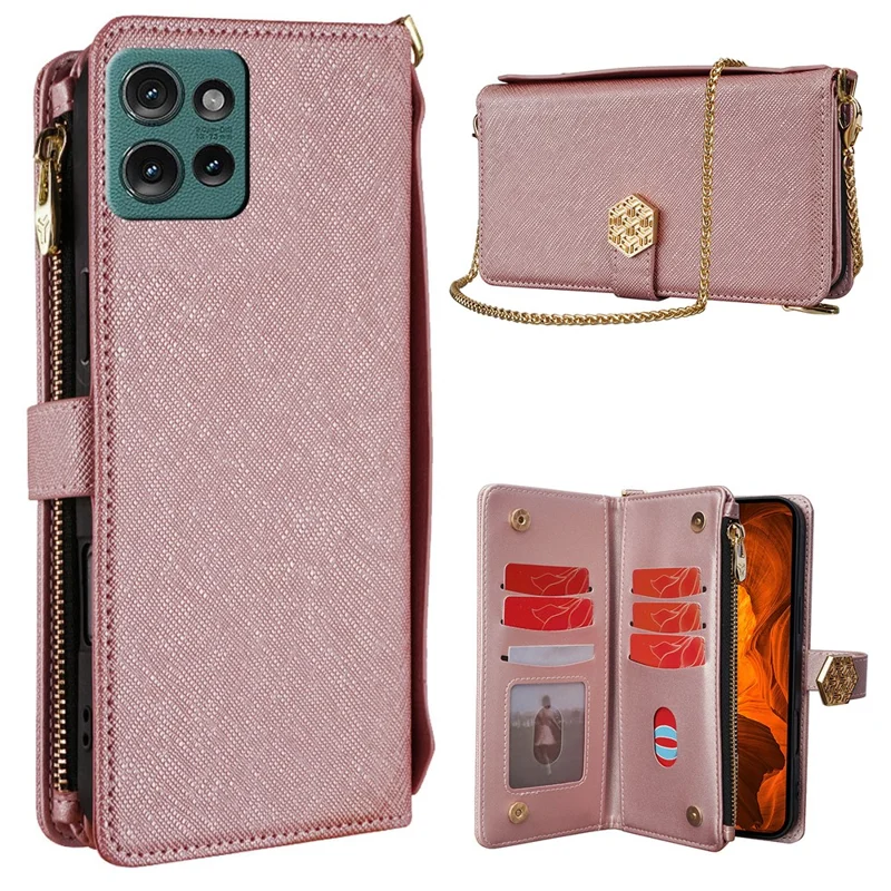 For Motorola Edge 50 5G Case Cross Texture PU Leather+TPU Wallet Phone Cover with Strap - Rose Gold