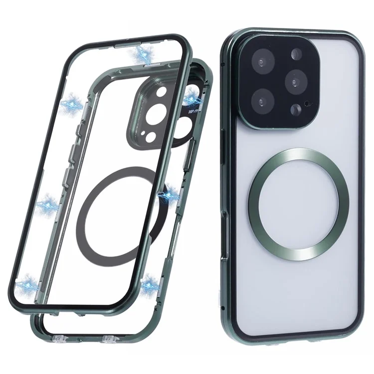 Coque pour iPhone 16 Pro Max, verre trempé double face, compatible avec MagSafe, protection complète - Vert