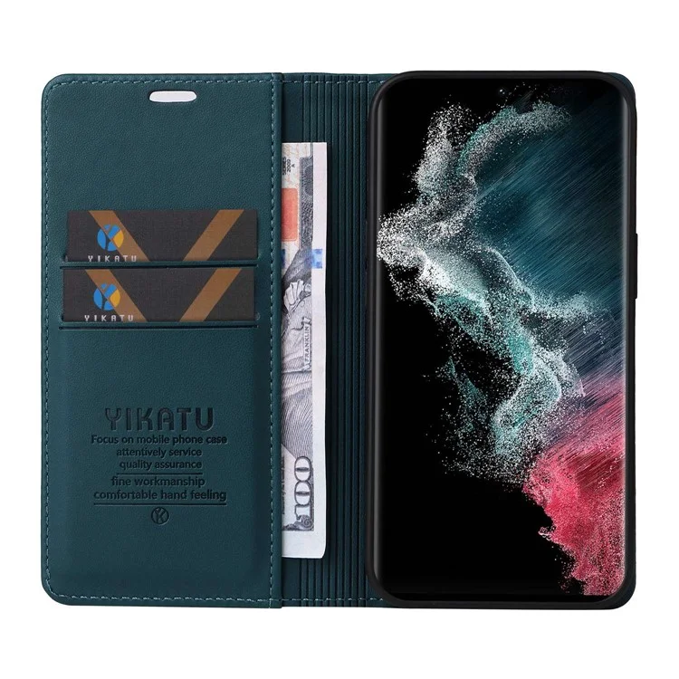 YIKATU YK- 001 for Samsung Galaxy S22 Ultra 5G PU Leather Cover Stand Hidden Magnetic Adsorption Shockproof Flip Wallet Case - Green