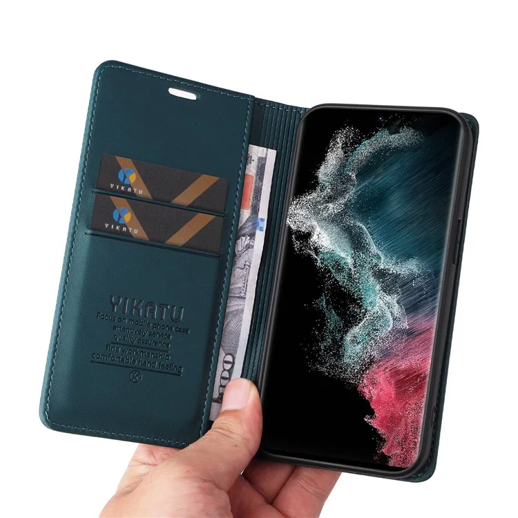 YIKATU YK- 001 for Samsung Galaxy S22 Ultra 5G PU Leather Cover Stand Hidden Magnetic Adsorption Shockproof Flip Wallet Case - Green