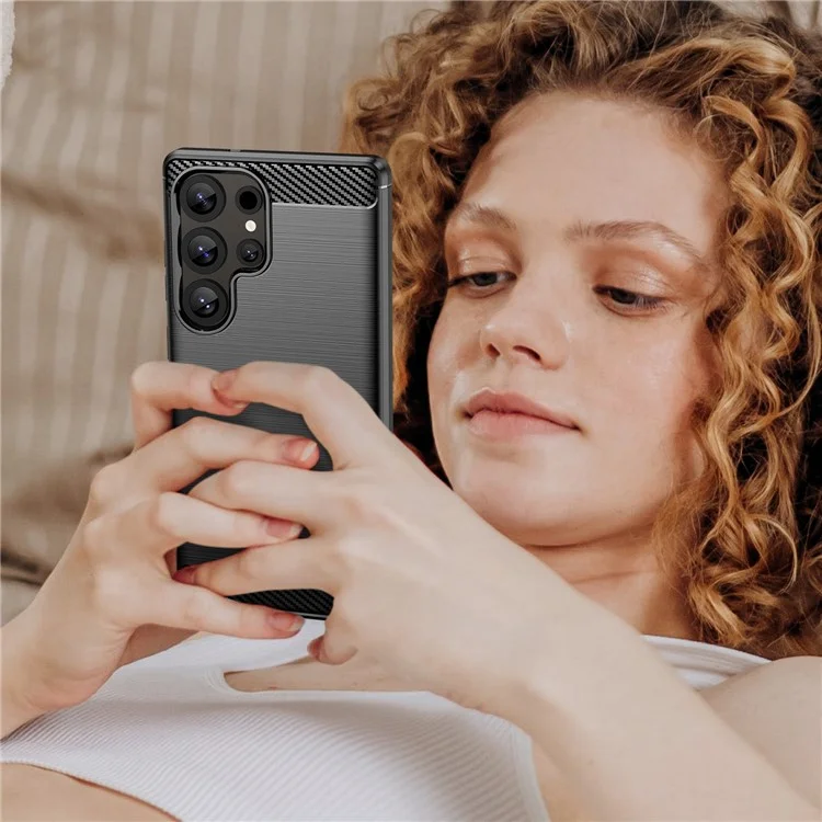 Para Samsung Galaxy S25 Ultra Case Carbon Fiber Texture TPU Brushed Phone Cover - Negro