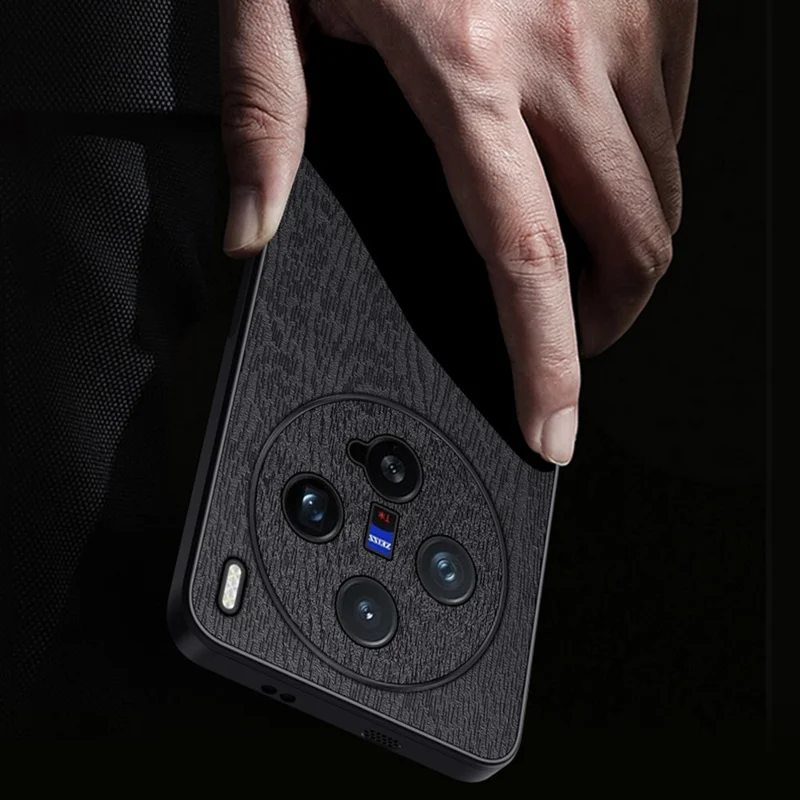 For vivo X200 Pro mini 5G Case Wood Texture PU Leather Coated PC+TPU Phone Cover - Black