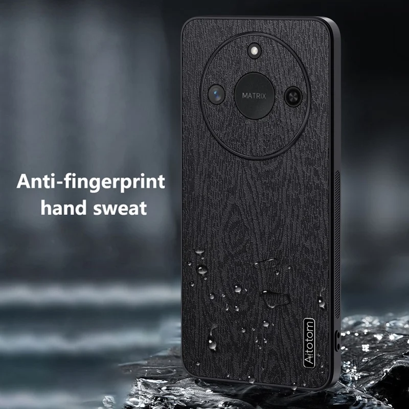 For Honor X60 5G Case Wood Texture PU Leather Coated PC+TPU Phone Cover - Black