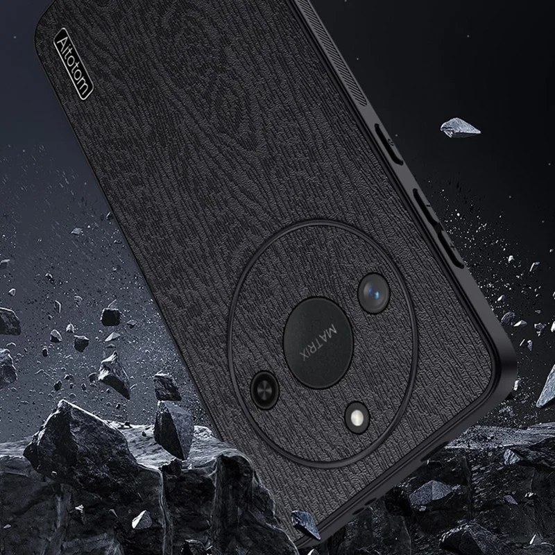 For Honor X60 5G Case Wood Texture PU Leather Coated PC+TPU Phone Cover - Black