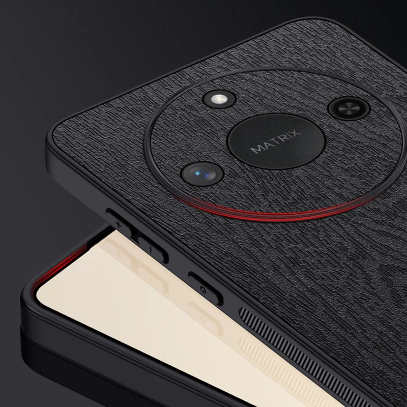 For Honor X60 5G Case Wood Texture PU Leather Coated PC+TPU Phone Cover - Black