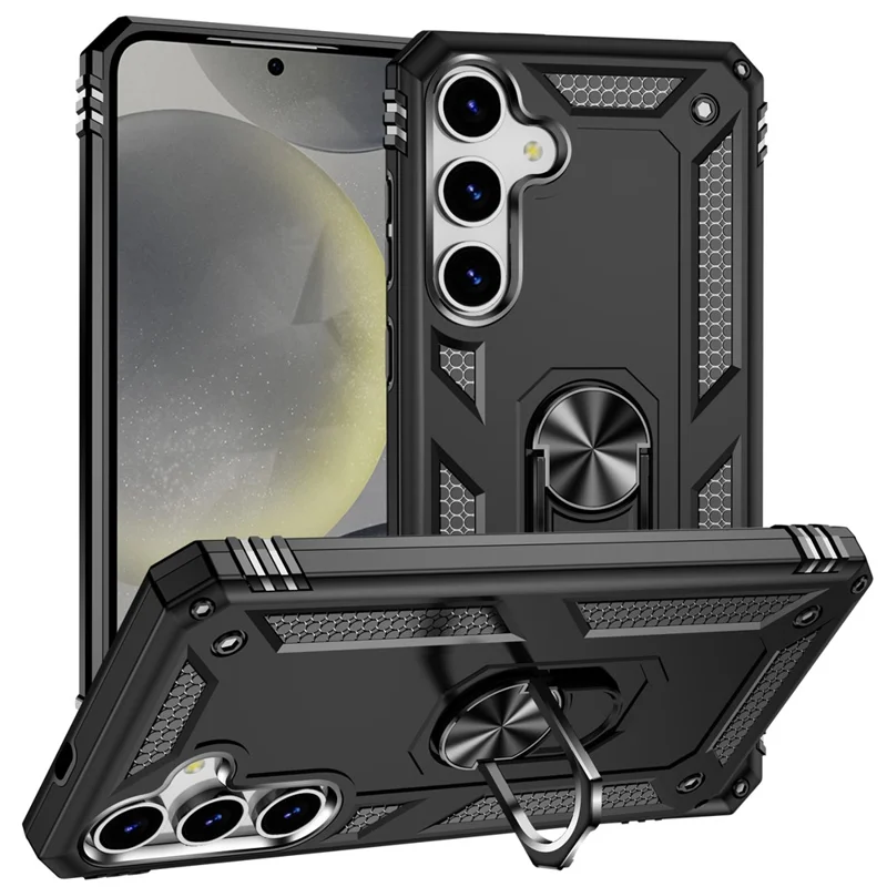 For Samsung Galaxy S25+ Case PC+TPU Phone Cover with Rotary Ring Kickstand - Black