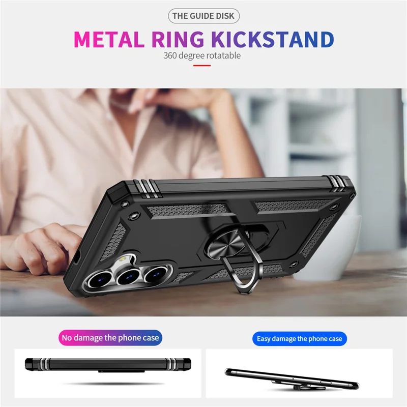 For Samsung Galaxy S25+ Case PC+TPU Phone Cover with Rotary Ring Kickstand - Black