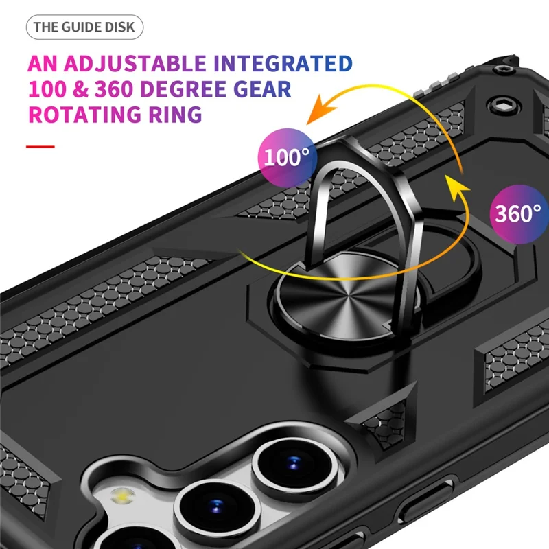 For Samsung Galaxy S25+ Case PC+TPU Phone Cover with Rotary Ring Kickstand - Black