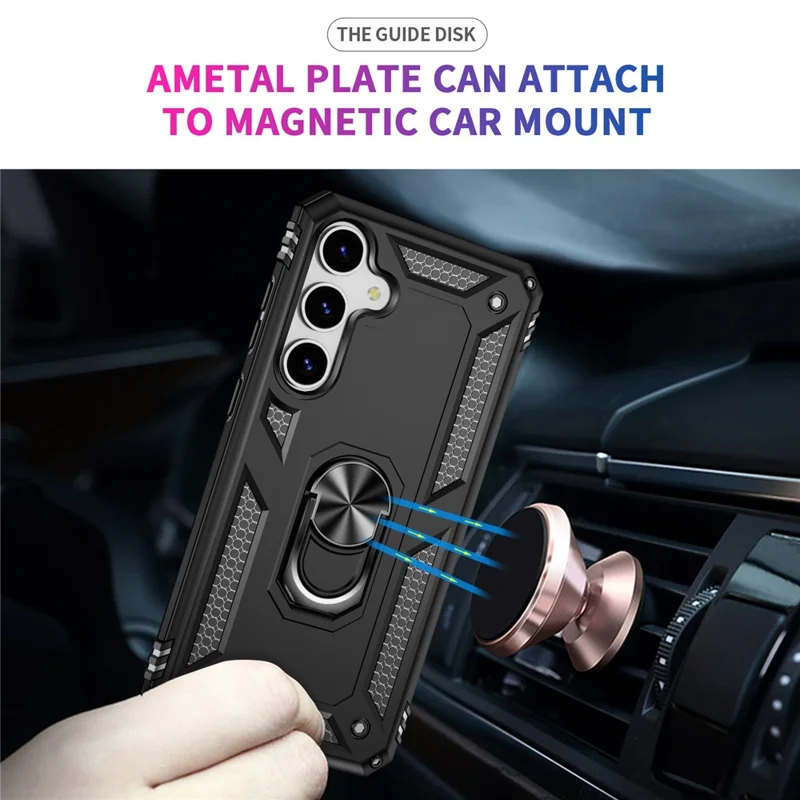 For Samsung Galaxy S25+ Case PC+TPU Phone Cover with Rotary Ring Kickstand - Black