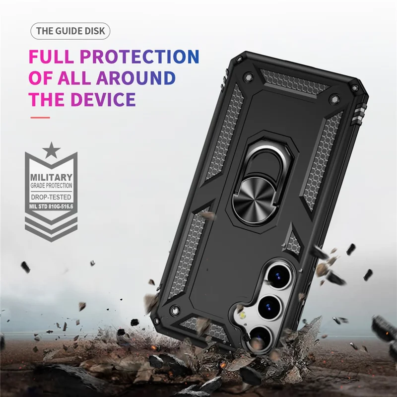 For Samsung Galaxy S25+ Case PC+TPU Phone Cover with Rotary Ring Kickstand - Black