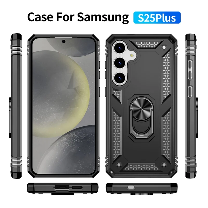 For Samsung Galaxy S25+ Case PC+TPU Phone Cover with Rotary Ring Kickstand - Black