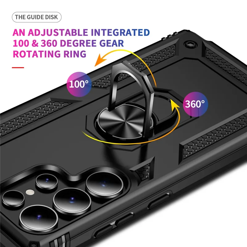 For Samsung Galaxy S25 Ultra Case PC+TPU Phone Cover with Rotary Ring Kickstand - Black