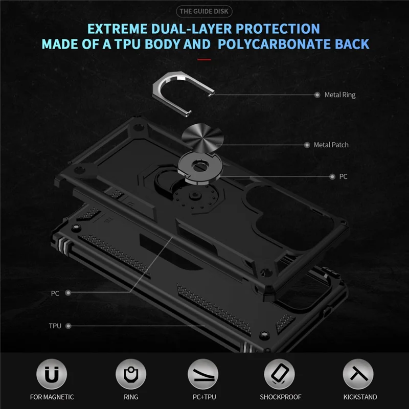 For Samsung Galaxy S25 Ultra Case PC+TPU Phone Cover with Rotary Ring Kickstand - Black
