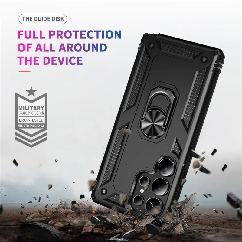 For Samsung Galaxy S25 Ultra Case PC+TPU Phone Cover with Rotary Ring Kickstand - Black