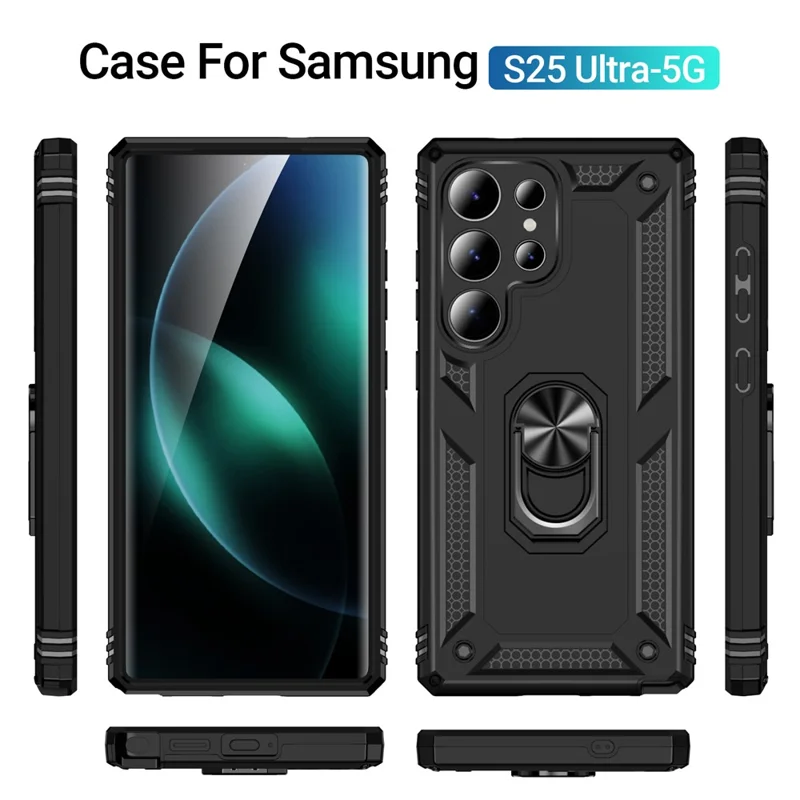 For Samsung Galaxy S25 Ultra Case PC+TPU Phone Cover with Rotary Ring Kickstand - Black