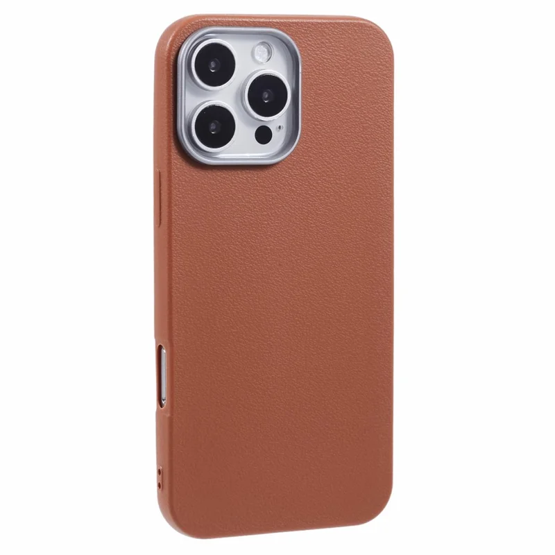 For iPhone 16 Pro Case Electroplating Lens Frame Textured TPU Shockproof Phone Cover - Brown