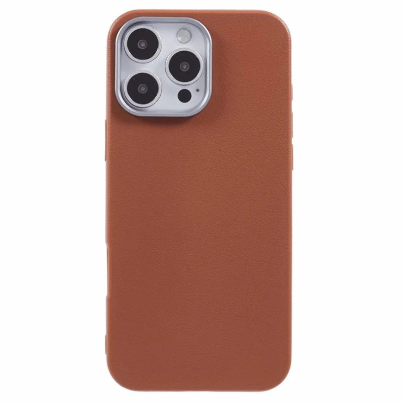 For iPhone 16 Pro Case Electroplating Lens Frame Textured TPU Shockproof Phone Cover - Brown