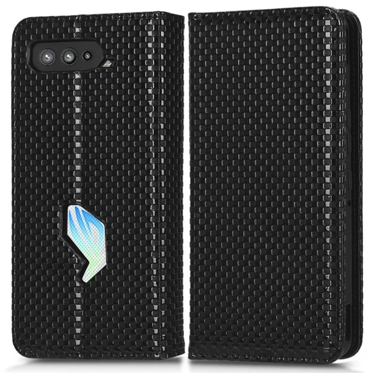 Caixa de Carteira de Telefone de Couro PU Para Asus ROG Telefone 5, Textura da Grade Magnetic Auto-absorvido Capa de Proteção Completa do Telefone - Preto