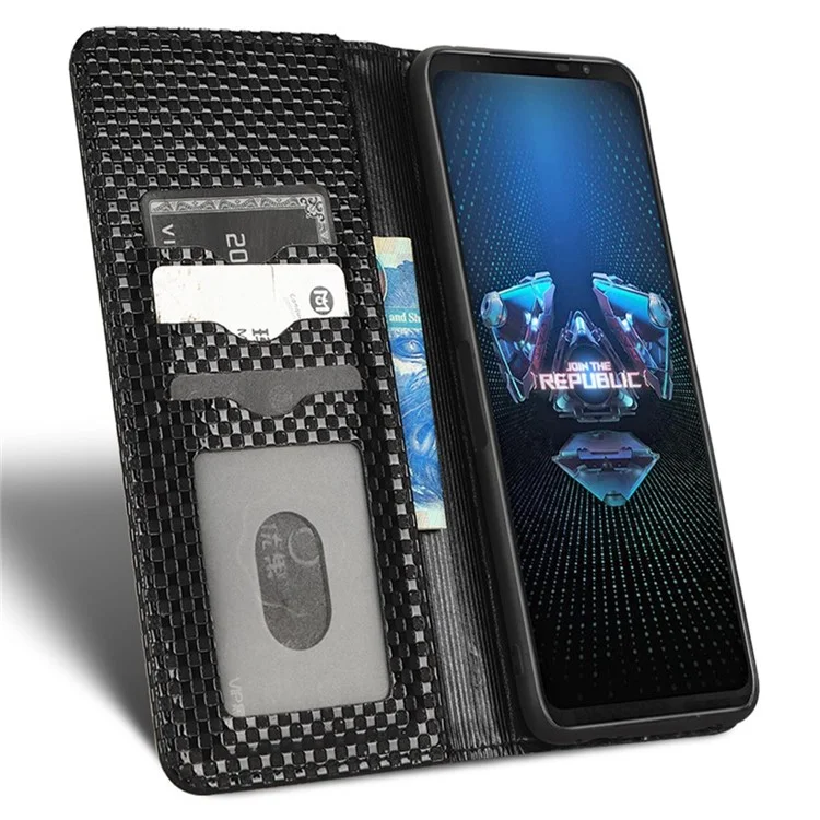 Caixa de Carteira de Telefone de Couro PU Para Asus ROG Telefone 5, Textura da Grade Magnetic Auto-absorvido Capa de Proteção Completa do Telefone - Preto