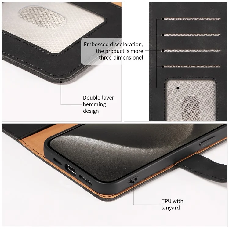 For iPhone 13 Pro Max Case RFID Blocking Wallet Stand Leather Flip Phone Cover with Slim Strap - Black