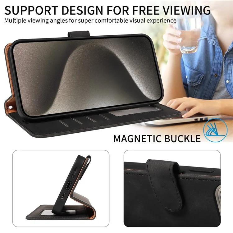 For iPhone 13 Pro Max Case RFID Blocking Wallet Stand Leather Flip Phone Cover with Slim Strap - Black