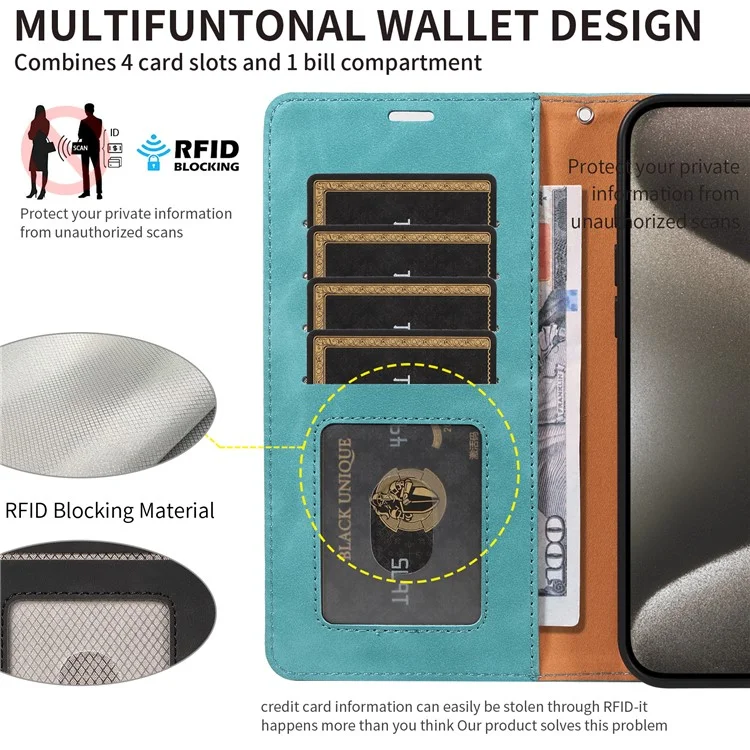 Für iPhone 13 Pro Hülle RFID-blockierendes Geldbörsen-Standfuß-Leder-Flip-Handyhülle mit schmalem Riemen - Grün