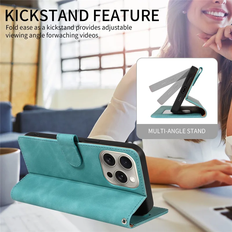 For iPhone 14 Pro Max Case RFID Blocking Wallet Stand Leather Flip Phone Cover with Slim Strap - Green
