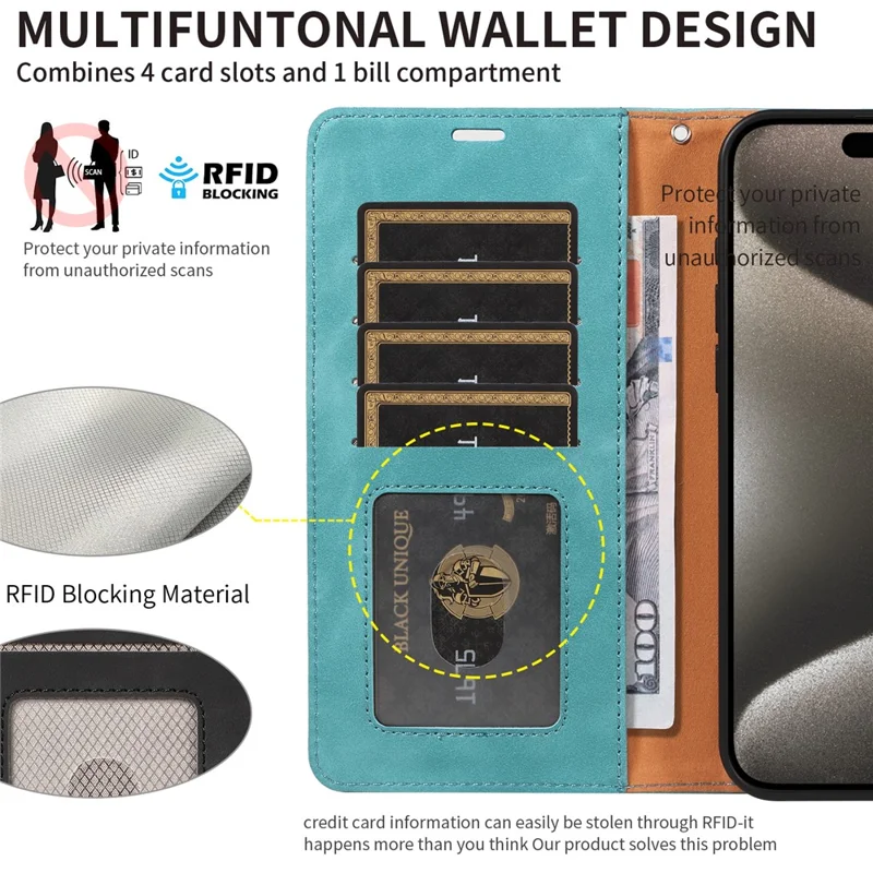 For iPhone 14 Pro Max Case RFID Blocking Wallet Stand Leather Flip Phone Cover with Slim Strap - Green