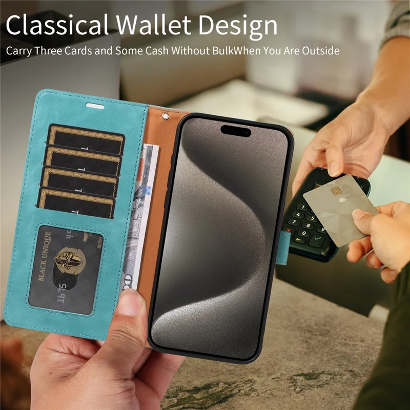 For iPhone 14 Pro Max Case RFID Blocking Wallet Stand Leather Flip Phone Cover with Slim Strap - Green
