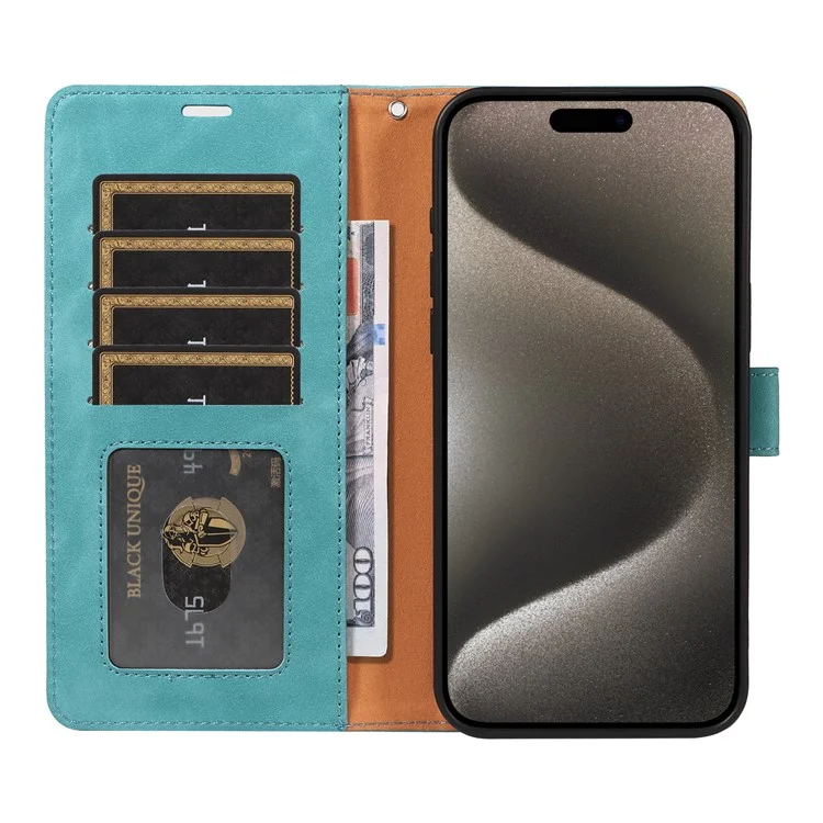 Für iPhone 14 Pro Hülle RFID-blockierendes Leder-Flip-Cover mit Geldbörse, Ständer und schmalem Riemen - Grün