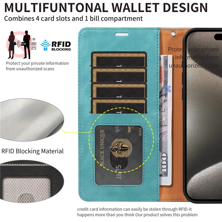 Für iPhone 14 Pro Hülle RFID-blockierendes Leder-Flip-Cover mit Geldbörse, Ständer und schmalem Riemen - Grün