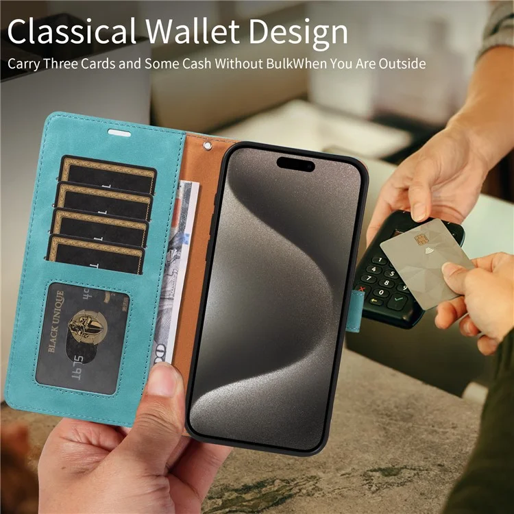 Für iPhone 14 Pro Hülle RFID-blockierendes Leder-Flip-Cover mit Geldbörse, Ständer und schmalem Riemen - Grün