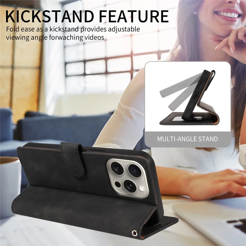 For iPhone 14 Pro Case RFID Blocking Wallet Stand Leather Flip Phone Cover with Slim Strap - Black