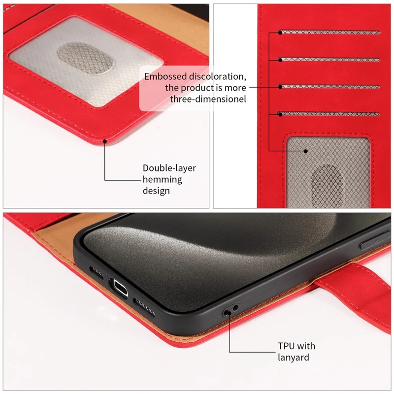 Til iPhone 16 Pro Case RFID-blokerende wallet ståleder flip telefonbeskyttelse med tynd stropløsning - Rød