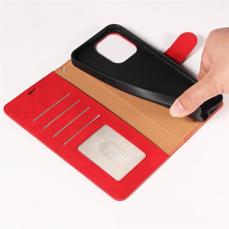 Til iPhone 16 Pro Case RFID-blokerende wallet ståleder flip telefonbeskyttelse med tynd stropløsning - Rød