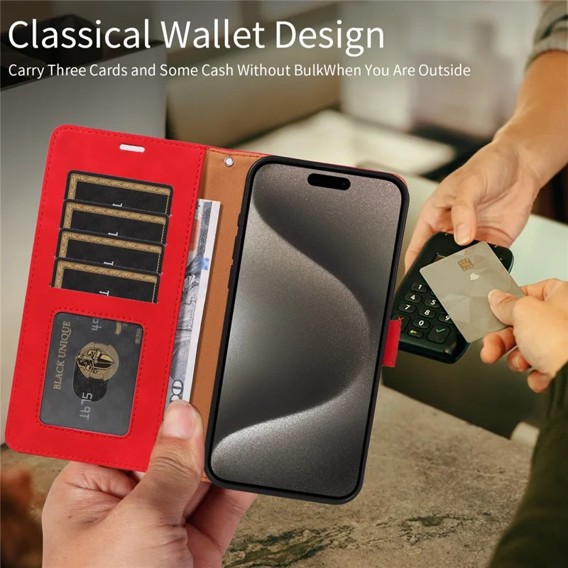 Til iPhone 16 Pro Case RFID-blokerende wallet ståleder flip telefonbeskyttelse med tynd stropløsning - Rød